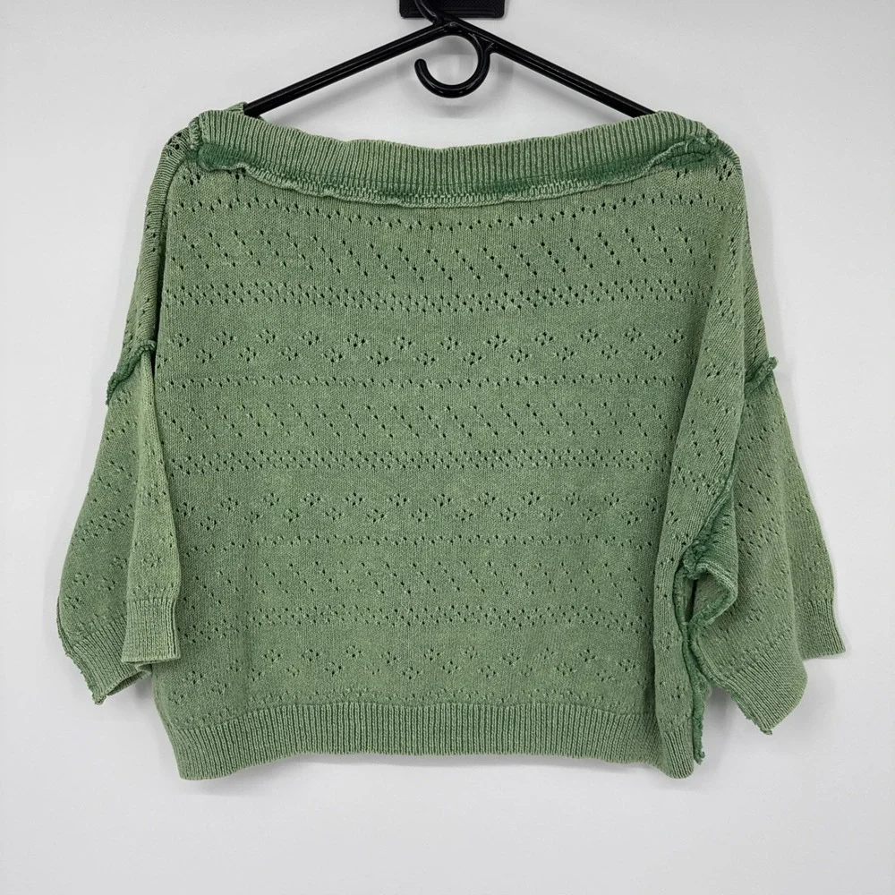 Free People Sandcastle Crop Eyelet Sweater Green Boatneck Knit Boho Preppy XS